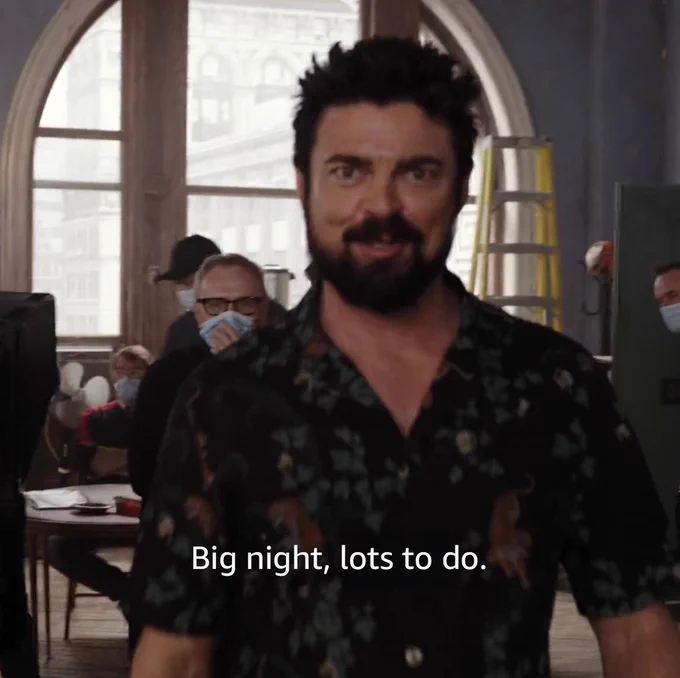 Karl Urban on the set of The Boys. Text reads “Big night, lots to do.”