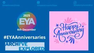 White text #EYAAnniversaries with an image of the text happy anniversary on a pink background