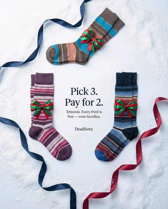 DeadSoxy holiday sock sale. Buy 2. Get 1. 