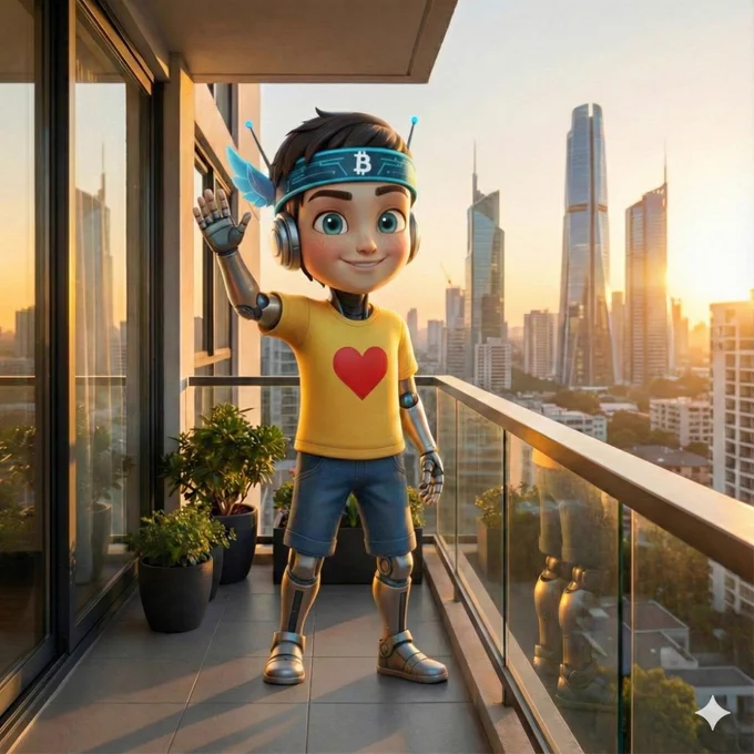 Webchaar character face reveal. A friendly robotic boy wearing a yellow t-shirt with a heart and a Bitcoin headband, waving hello. Futuristic city background representing Web3 and crypto education."