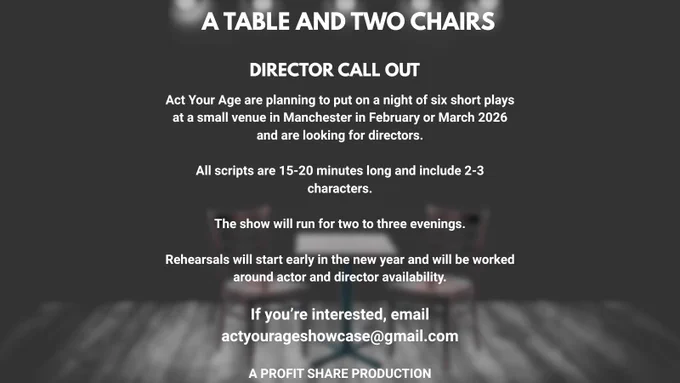 WE ARE LOOKING FOR DIRECTORS!!!!!

Our next live event will take place early next year in Central Manchester and we are looking for directors to help bring the pieces to life!

And this time we are not restricting the characters to the over 40s!!

Please see the image for full details!