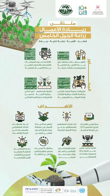 ملتقى ريادة الأعمال في زراعة الجيل الخامس
ابتكار – تقنية – زراعة ذكية – ريادة

برنامج تدريبي للموجّهين
تطوير مهارات مستشاري ريادة الأعمال الزراعية وتمكينهم بأدوات حديثة.
•	برنامج تدريبي حول المسيرات الزراعية
تطبيقات عملية للرصد الزراعي، مكافحة الآفات، مراقبة الغابات، وإدارة الموائل الطبيعية.
•	برنامج تدريبي حول المسيرات الزراعية
تطبيقات عملية للرصد الزراعي، مكافحة الآفات، مراقبة الغابات، وإدارة الموائل الطبيعية
•	منتدى تطوير مناخ ريادة الأعمال
نقاشات حول السياسات والتحديات والحلول لتعزيز ريادة الأعمال الزراعية.
منتدى الذكاء الاصطناعي في الزراعة
•	تجارب وحلول في:
التنبؤ بالمحاصيل – الري الذكي – مراقبة التربة – تحسين الإنتاجية – دعم الأمن الغذائي.

الأهداف:
•	رفع الوعي بتقنيات الجيل الخامس (5G) في الزراعة الذكية.
•	توفير تدريب عملي على استخدام المسيرات والذكاء الاصطناعي.
•	بناء قدرات الموجّهين والمستشارين في ريادة الأعمال الزراعية.
•	تعزيز الشراكات بين القطاعين العام والخاص لدعم الابتكار.
•	تطوير مناخ ريادة الأعمال في سلطنة عُمان وفق التحول الرقمي الزراعي.
•	مناقشة تحديات وفرص مشاريع الأ