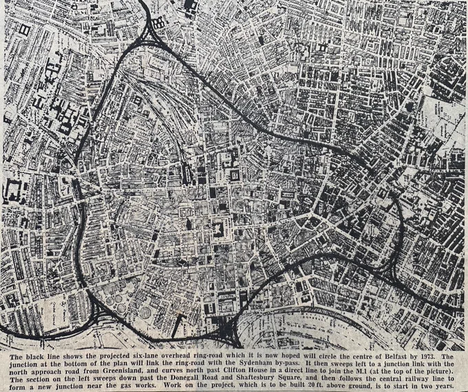 Black and white map showing the projected six-lane overhead ring road around Belfast with detailed street layouts and annotations.