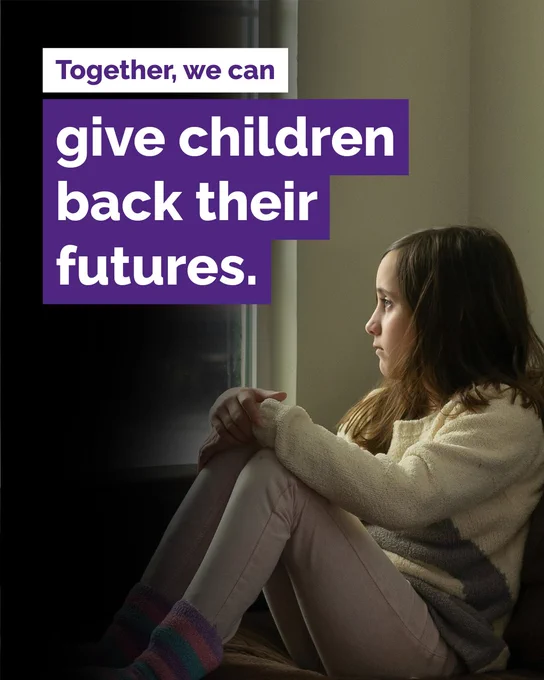 The words “Together, we can give children back their futures.” are overlaid on the image of a young girl. She is looking forlorn, staring out of the window. 
