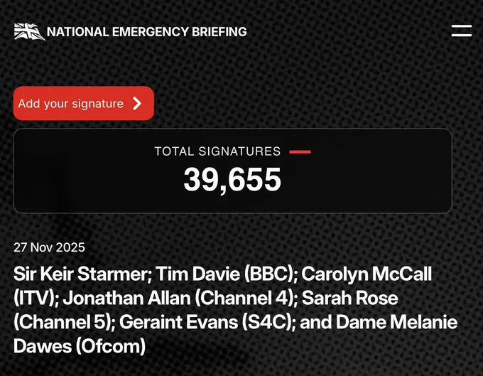 Screenshot of the open letter to Sir Keir Starmer, Tim Davie of the BBC, Carolyn McCall of ITV and other national broadcasters, showing the signatory count now at 39,655. 