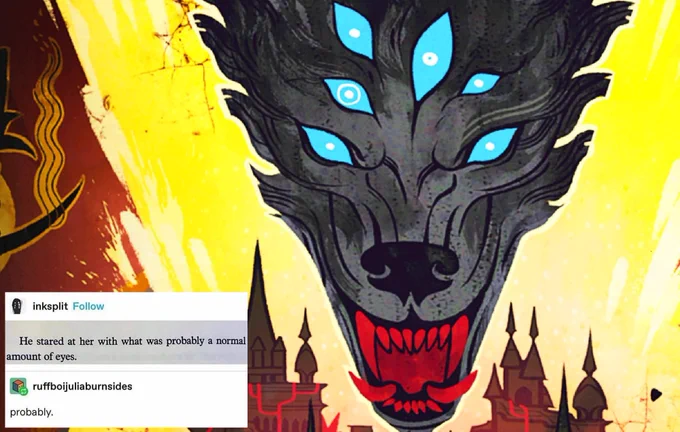An image of Solas depicted as the Dread Wolf. The text reads 'He stared at her with what was probably a normal amount of eyes', to which another poster replied 'probably.'