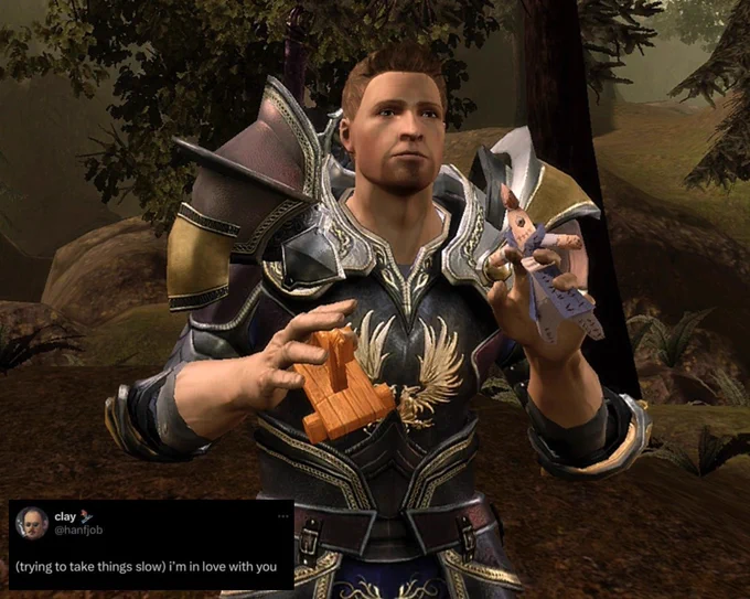 An image of Alistair in Dragon Age Origins with the Grey Warden doll. 