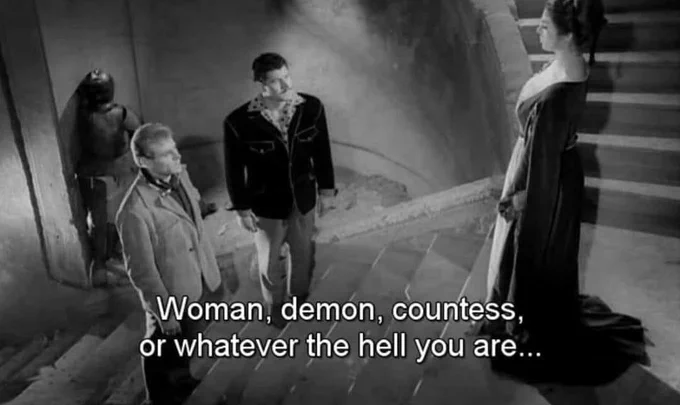An image of three people in a black and white movie. One of the characters says 'Woman, demon, countess, or whatever the hell you are...'