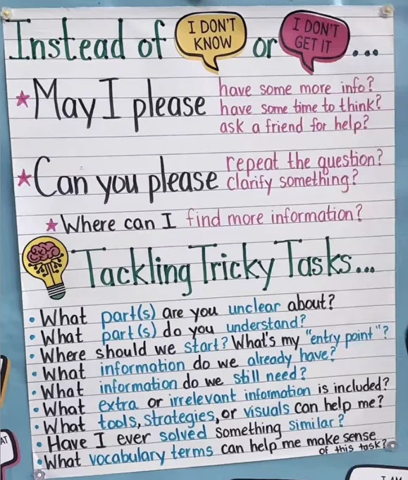 Anchor chart provides alternatives to "I don't know" ("May I please have some more info," "Can you please repeat the question," etc) and a list of prompts for tackling tricky tasks ("What part(s) are you unclear about," etc)