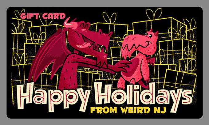 A red Jersey Devil joyfully holds a smaller, stuffed toy version of himself in front of yellow outline images of gift packages. Image includes the text "Gift Card" and "Happy Holidays from Weird NJ." 