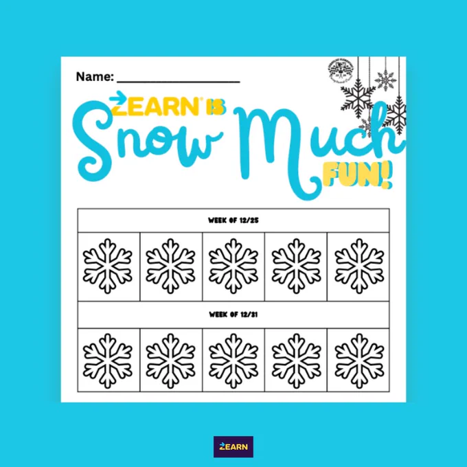 Zearn lesson tracker titled "Snow Much Fun!" , created by Houston teacher Yessica Castillo, featuring a design with snowflakes and sections labeled for weekly dates.