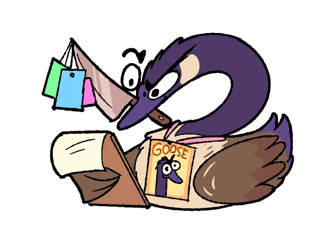 Registration Goose with a Knife. They are referencing a clipboard and holding badges.
