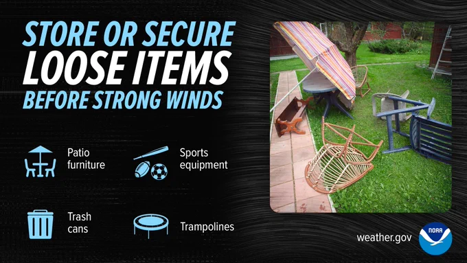 Store or secure loose items before strong winds (including patio furniture, sports equipment, trash cans, and trampolines).