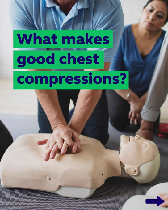 A man in a blue shirt is performing CPR on a mannequin while a woman in a blue blouse observes. The text overlay in bold, blue letters on a green background asks, "What makes good chest compressions?" A right arrow icon is at the bottom right corner.
