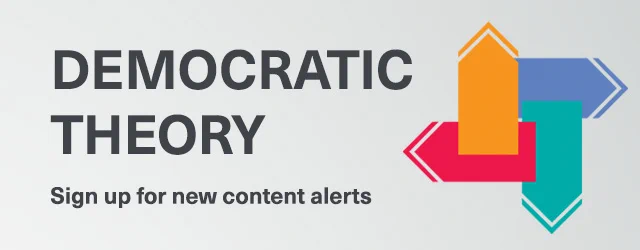 Logo for "Democratic Theory" next to text stating "Sign up for new content alerts," featuring a graphic with colorful arrows intertwined.