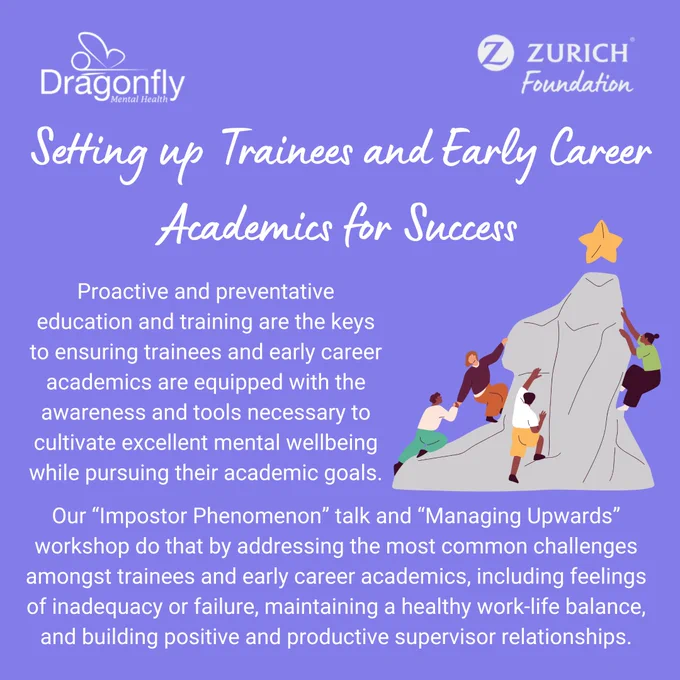 Purple background. Top right: Dragonfly Mental Health and Z Zurich Foundation logos. Icon of academics climbing towards success. Text explains how our impostor phenomenon talk and managing upwards workshop address challenges faced by early career academics.