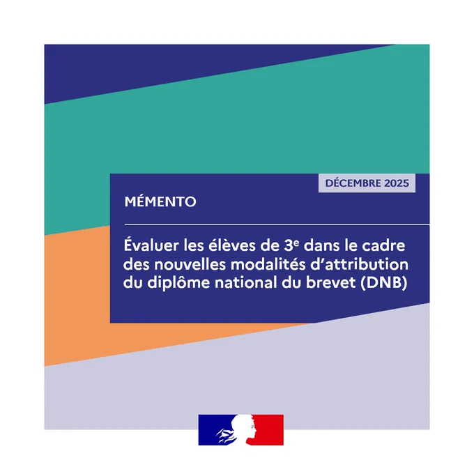 Visuel de couverture du Mémento Évaluer les élèves de 3e dans le cadre des nouvelles modalités d’attribution du diplôme national du brevet (DNB) - Décembre 2025
