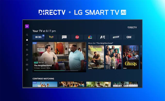 Image to use for the DIRECTV app being available starting 12/7 after 10 PM PST on LG Smart TVs 2021 and newer models, operating on webOS 6.0 or higher.  