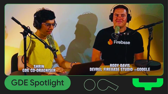 Developer Relations Engineer Rody Davis and GDG Berlin organizer Shrinish Donde sit at a table with microphones and headphones with text reading "GDE Spotlight".