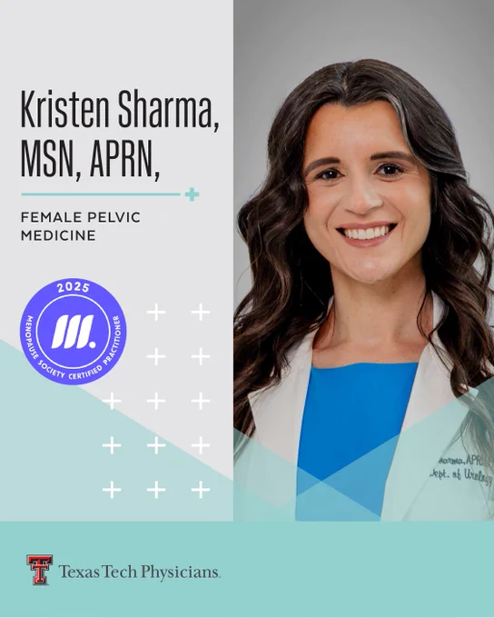 A professional headshot of Kristen Sharma, MSN, APRN, wearing a white coat with the words “Female Pelvic Medicine”, followed by the Texas Tech Physicians Logo.