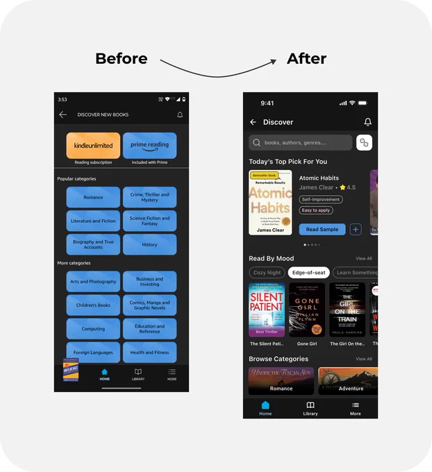 Snap shot of before and after UI design of Amazon kindle Discover new book page