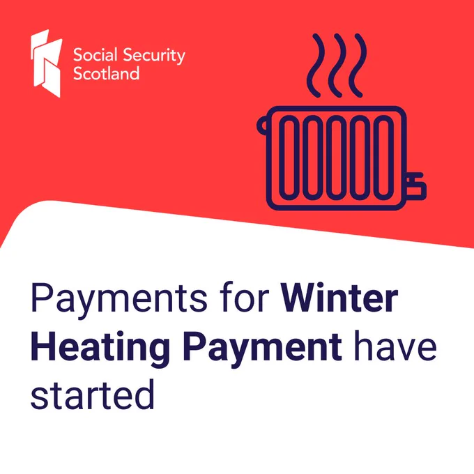A red topped graphic with a outline of a warm radiator and the Social Security Scotland logo. Text in the white bottom reads: Payments for Winter Heating Payment have started.