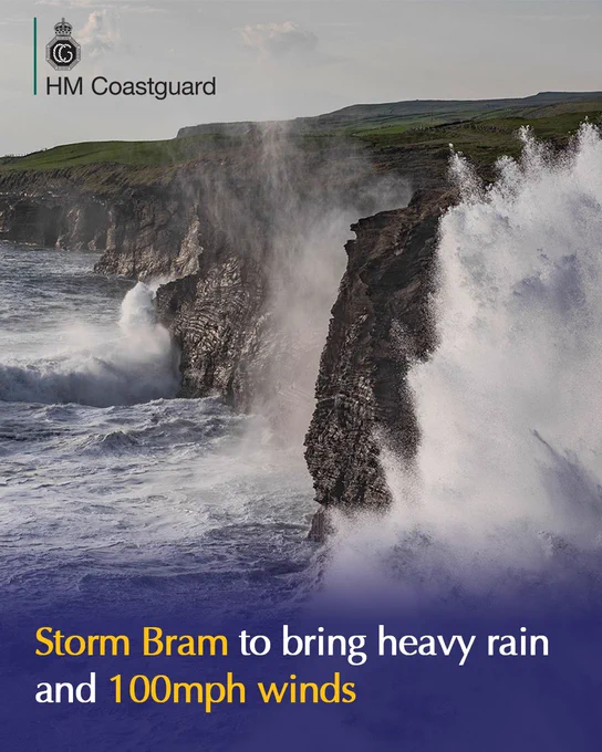 Rough sea waves crash against cliffs under cloudy skies. Text reads: "Storm Bram to bring heavy rain and 100mph winds."