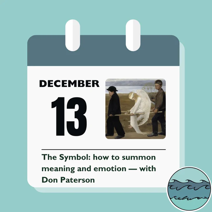 A page from a page a day calendar with the date 13 December and a painting in the middle with a boy dressed in black wearing a hat, an angel with a blind fold, and a boy looking at the viewer. The name of the event is underneath and the North Sea Poets logo is in the bottom right corner.