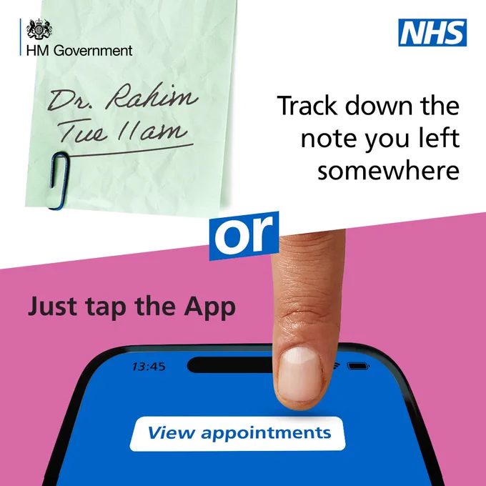 A post it note and a mobile phone with “view appointments” on screen. Text reads; track down the note you left somewhere or just tap the App