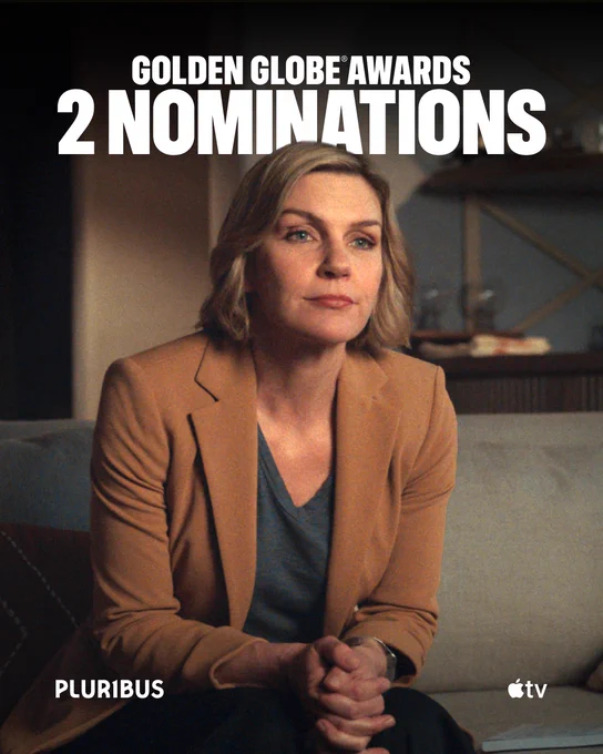 From Pluribus. Carol Sturka portrayed by Rhea Seehorn is seen in a closeup looking at something off camera. At the top center of the image, “Golden Globe Awards 2 Nominations” is written. On the bottom left is the Pluribus title treatment, across from it on the bottom right is the Apple TV logo.