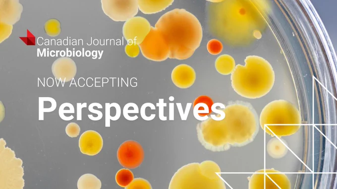 Close-up of colorful bacterial colonies growing in a petri dish, showcasing diverse shapes and textures, promoting the Canadian Journal of Microbiology's call for Perspectives. 