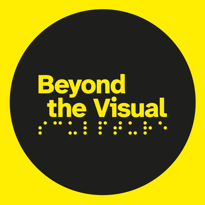A black circle sits in a yellow square with yellow writing inside saying 'Beyond the Visual'. Braille representation for the word 'sculpture' sits underneath in yellow.
