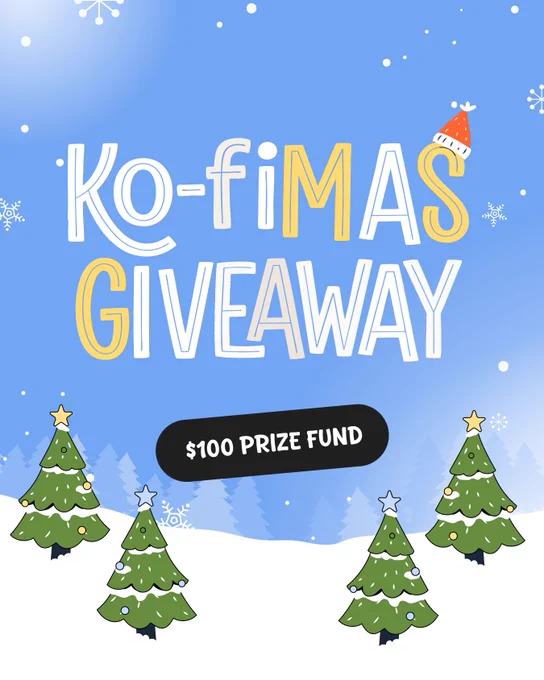 A poster of a snowy scene with Christmas trees and snowflakes. The title "Kofimas giveaway" is in bold white and yellow letters. There is a black bubble that has "$100 prize fund" in the middle.