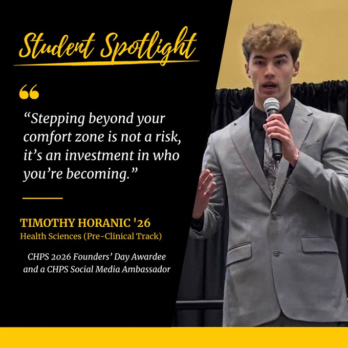 A student spotlight featuring Timothy Horanic, a UCF Health Sciences major in the pre-clinical track dressed in a suit and holding a microphone as he addresses attendees at a conference.  It includes a quote that says, "Stepping beyond your comfort zone is not a risk, it's an investment in who you're becoming."