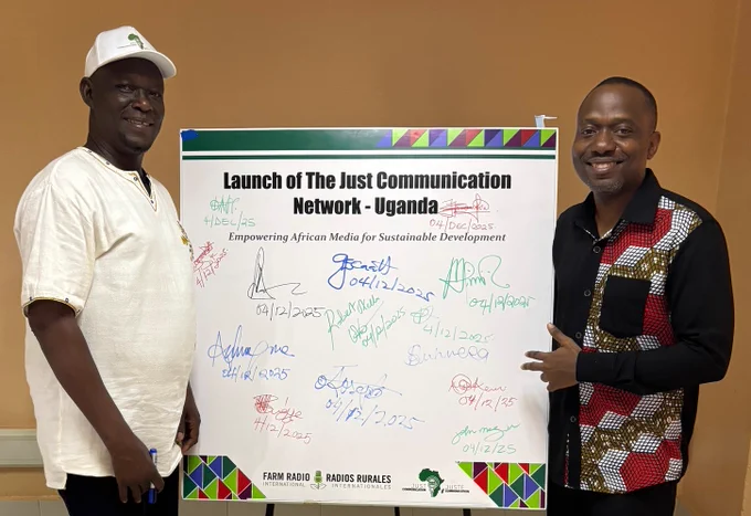 Farm Radio International's Country Programme Manager Stephen Justin Ecaat (Left) and Head of Specialty Services Adeyinka Onikan after the Just Communication Launch