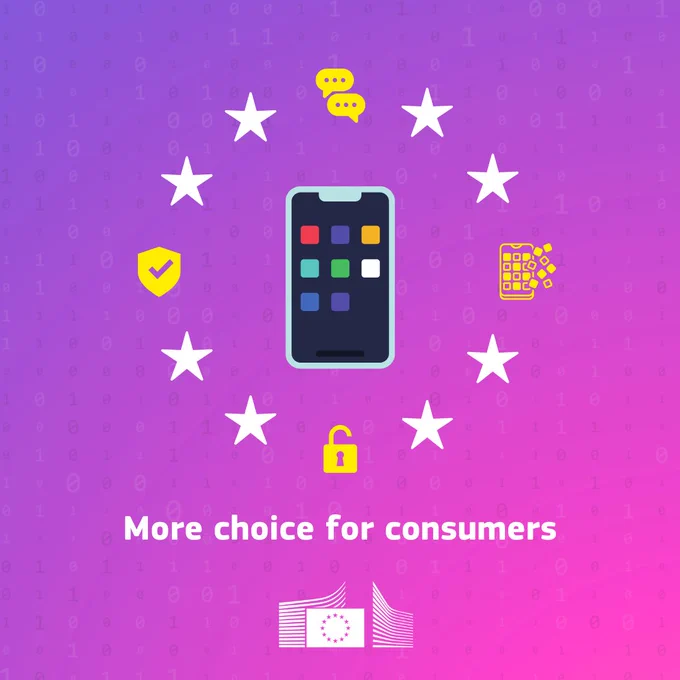 
A graphic set against a purple and magenta background overlaid with binary code. In the center is a stylized image of a dark smartphone displaying a grid of colorful app icons. Surrounding the phone in a circle are nine white stars, with five small yellow icons interspersed among them:

A chat/speech bubble icon (top center)

A checkmark shield icon (left)

A grid/app store icon (right)

A padlock/security icon (bottom center)

Below the central design, the text reads: "More choice for consumers". At the very bottom center is the European Commission logo.