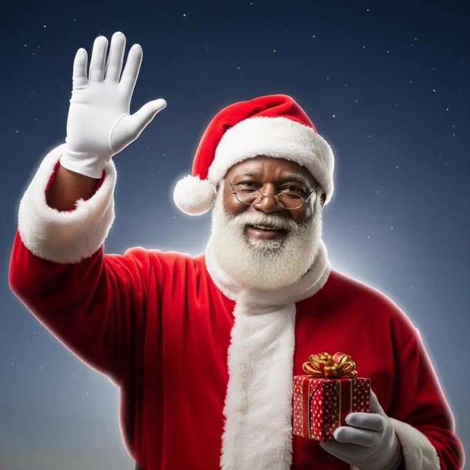 African Santa in full suit, raising one hand for a friendly wave. The other hand holds a small wrapped gift. Shot from chest up. Background shows a calm night sky with faint stars. Lighting is bright on the face with mild rim light.