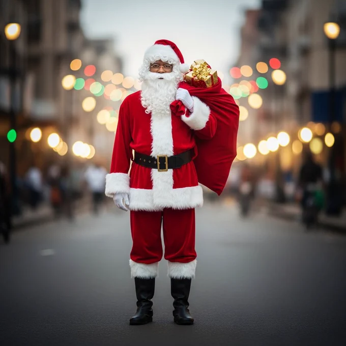 African Santa in a bright red suit with white fur edges, dark boots, and a classic hat. He stands with a large gift bag resting on his shoulder. Wide shot, straight angle. Soft smile. Set in a lively African street with warm evening lights behind him. Lighting is soft and even.