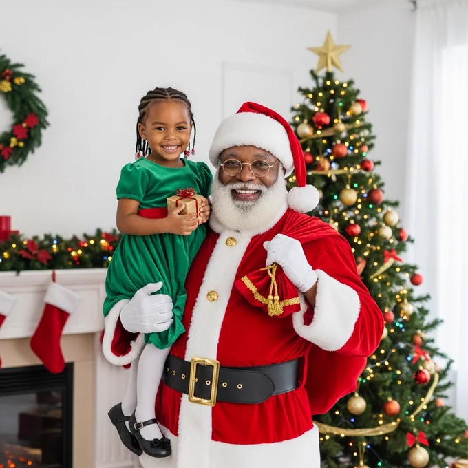 African Santa in full suit, holding a smiling child on his shoulder. Both facing the camera. Medium wide shot. Setting is a clean living room with a Christmas tree behind them. Lighting is bright and balanced.