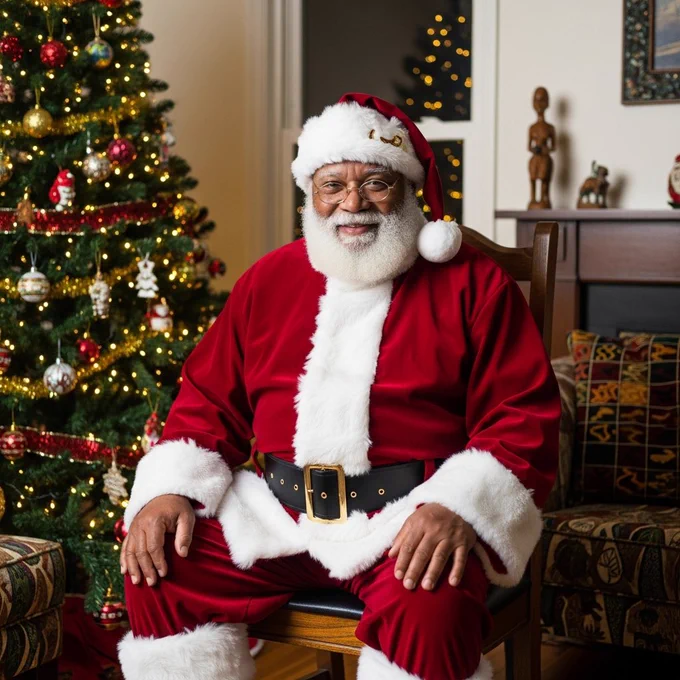 African Santa in a red suit, seated on a wooden chair beside a decorated Christmas tree. Hands resting on his knees, looking at the camera. Medium shot. Indoor room with warm lights and simple African decor.