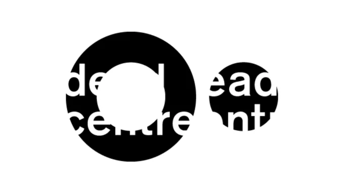 Black circles of different sizes overlap with white text reading "dead centre," creating a layered visual effect on a white background.