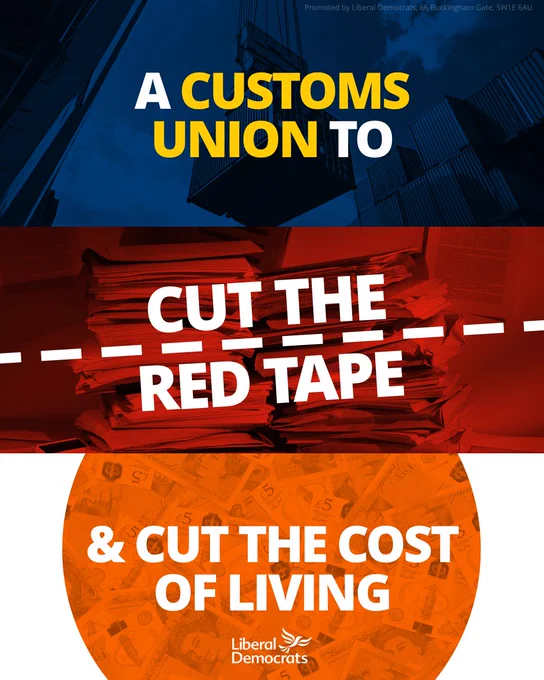A customs union to cut the red tape & cut the cost of living, overlaid on images of an import dock, a stack of paperwork and a pile of UK £5 notes. 