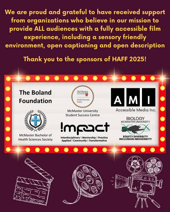 Top writes: "We are proud and grateful to have received support from organizations who believe in our mission. Thank you to our sponsors for HAFF 2025" The page displays all the sponsors of HAFF Time Show 2025 including The Boland Foundation, McMaster Student Success Centre, Accessible Media Inc., the McMaster Bachelor of Health Sciences Society, The McMaster Impact Initiative and the McMaster Department of Biology.