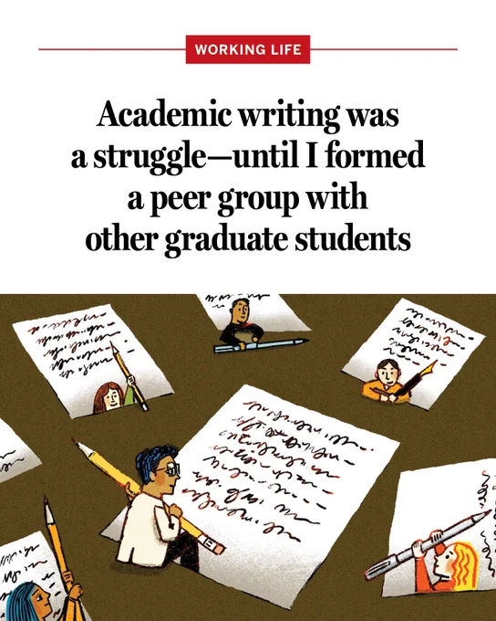 An illustration of people writing on papers, with text: Academic writing was a struggle—until I formed a peer group with other graduate students