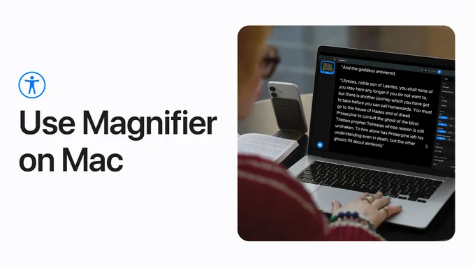 Use Magnifier on Mac. A person sitting at a desk with a MacBook Pro in front of them. To their left, an iPhone rests vertically on a phone stand with the back-facing camera pointing at a book. On the screen of the MacBook Pro, Magnifier is displaying the words from the book with large text on a black background with white lettering. The passage is a paragraph from Odyssey, the ancient Greek literature attributed to Homer.
