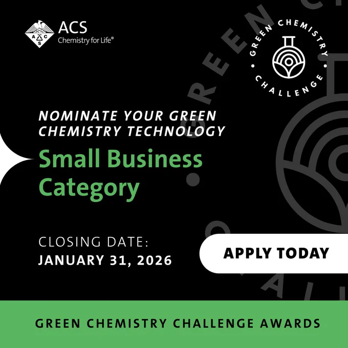ACS Chemistry for Life. Green Chemistry Challenge Awards. Nominate your green chemistry technology. Small Business Award. Closing Date: January 31, 2026. Apply Today.
