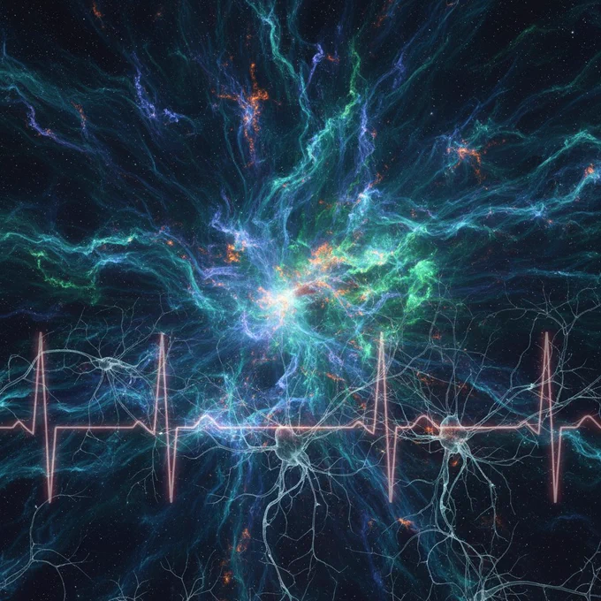 Cassiopeia A–like supernova remnant glowing in blue, teal and orange X‑ray colors, with faint neuron‑like lines in the foreground symbolizing the link between stellar explosions and the chemistry of life.
scienceagenda.net