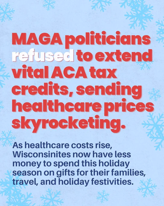 A light blue background, with clipart of snowflakes around the border, and text over it that reads “MAGA politicians refused to extend vital ACA tax credits, sending healthcare prices skyrocketing. As healthcare costs rise, Wisconsinites now have less money to spend this holiday season on gifts for their families, travel, and holiday festivities.”