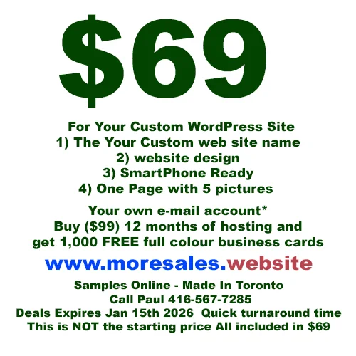 $69  For WordPress Site
Your Custom web site name
One Page  5 pictures 
Your own e-mail account*
Samples OnLine - Made In Toronto
Call Paul 416-567-7285
#torontowebsolutions #uxinnovation #uiuxexperts #agencylife #designportfolio #torontofounders #smallbiztoronto #designagencyto #startupagencyto

https://moresales.website
