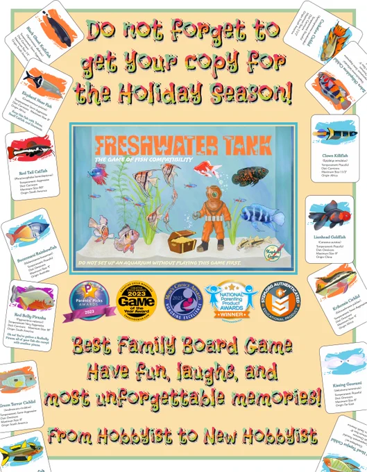 Do not forget to get your copy for the holiday season of the Freshwater Tank board game. Have fun, laughs, and most unforgettable memories. Link: https://a.co/d/ceEqnlG